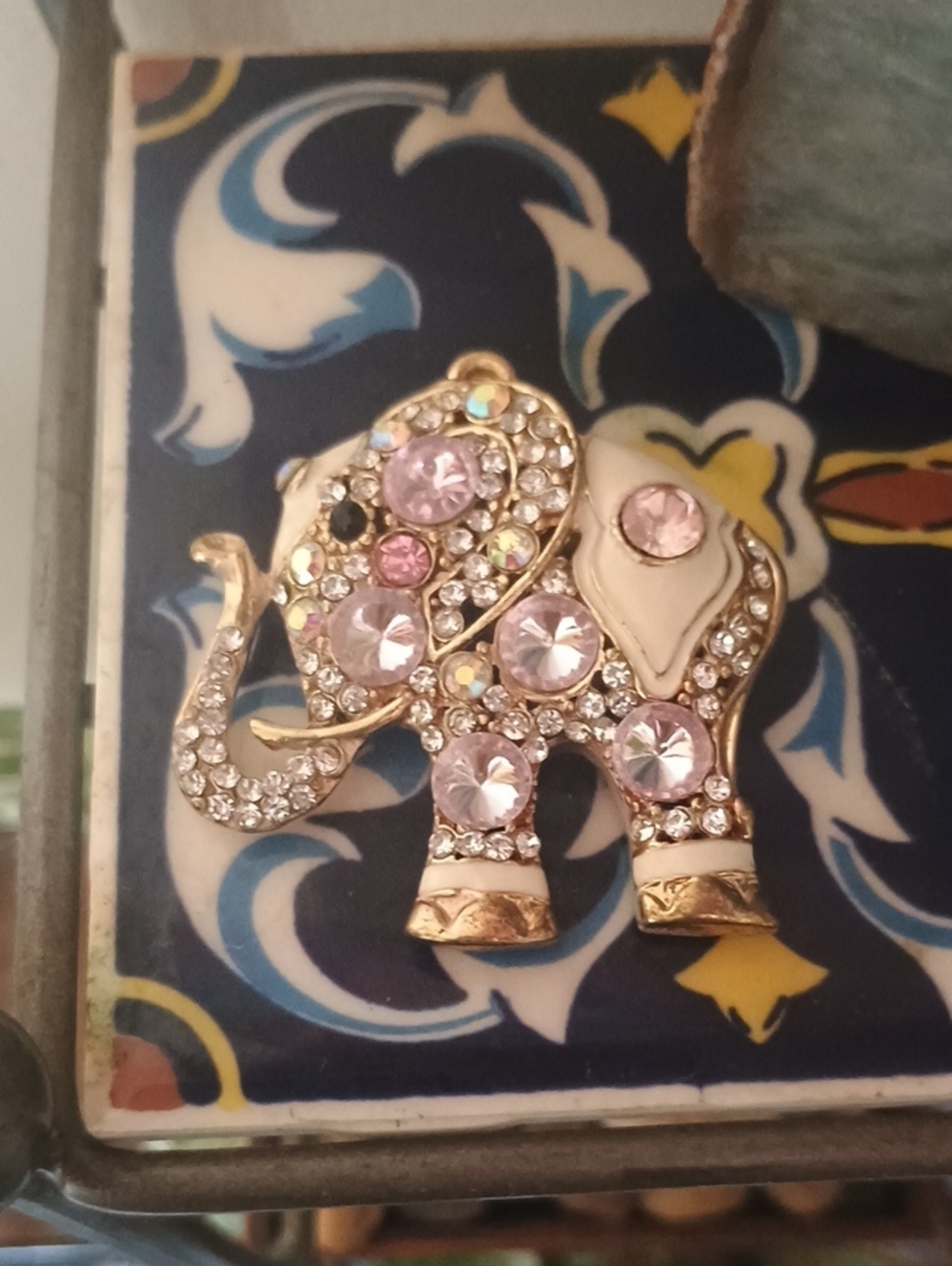 Bejeweled White And Pink Elephant Pendant